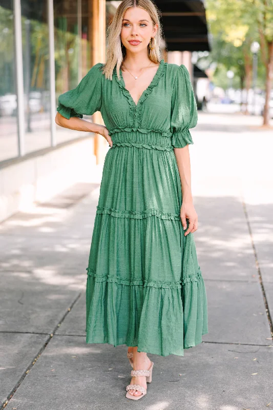 Dresses with adjustable straps -Living In A Dream Green Ruffled Midi Dress