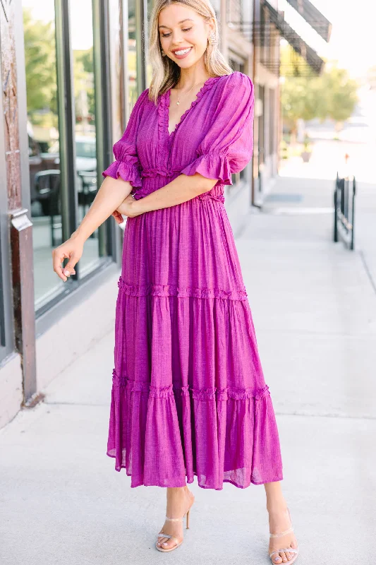 Dresses for Christmas party -Living In A Dream Magenta Purple Ruffled Midi Dress