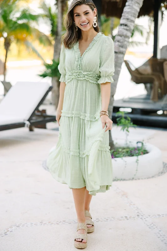 Velvet dresses for women -Living In A Dream Melon Green Ruffled Midi Dress