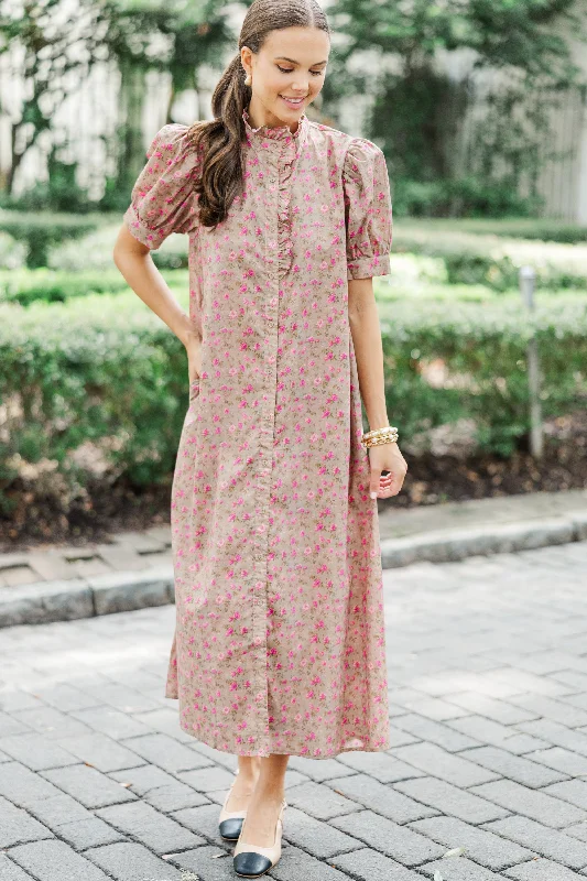 Stylish party dresses for women -Living In A Fairy Tale Camel Brown Ditsy Floral Midi Dress