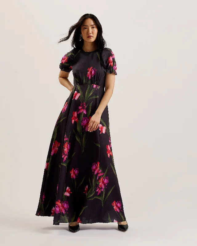 Dresses for late-night parties -Loceie Puff Sleeve Printed Maxi Dress Black