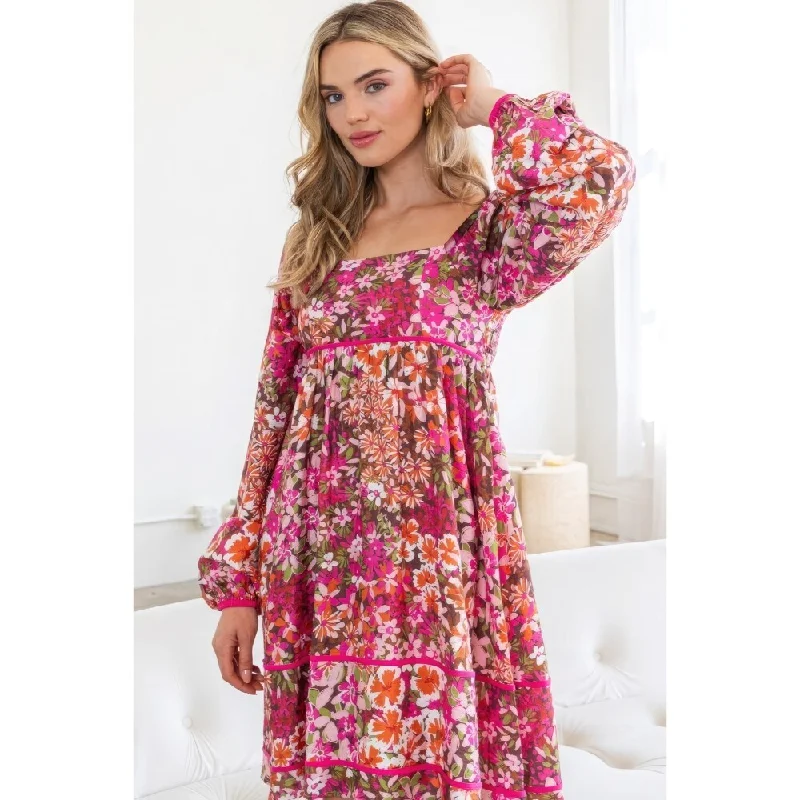 Elegant cocktail party dresses -Long Sleeves Square Neckline Floral MIni Dress