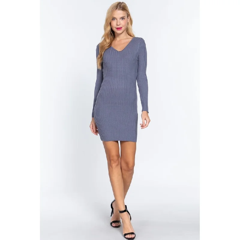 Dresses for fall formal events -Long Slv VNeck Sweater Mini Dress