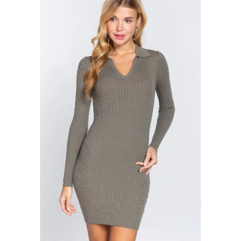 Elegant dresses for family gatherings -Long Slv VNeck Sweater Rib Mini Dress