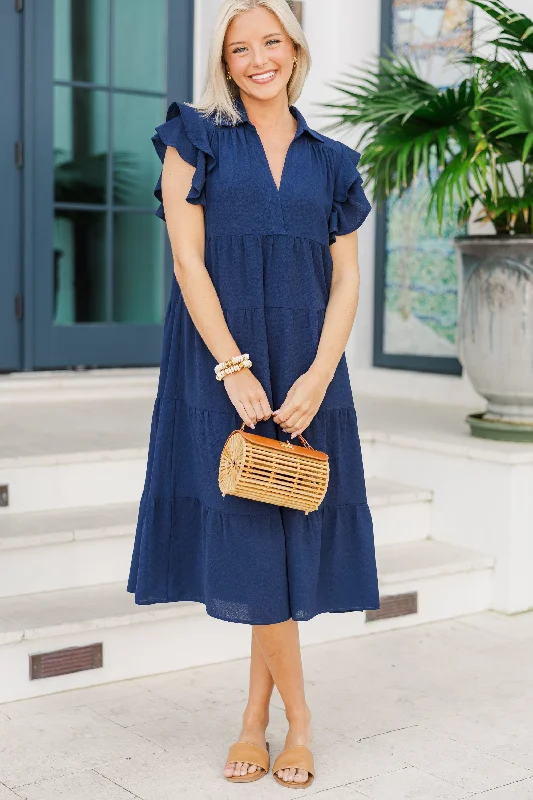 Casual chic dresses -Look You Up Navy Blue Ruffled Midi Dress