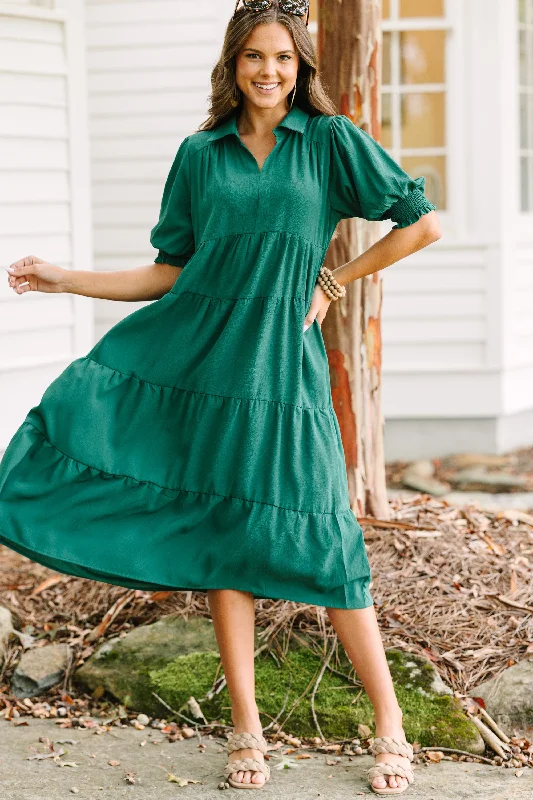 Fashionable beach dresses -Looking For You Forest Green Tiered Midi Dress