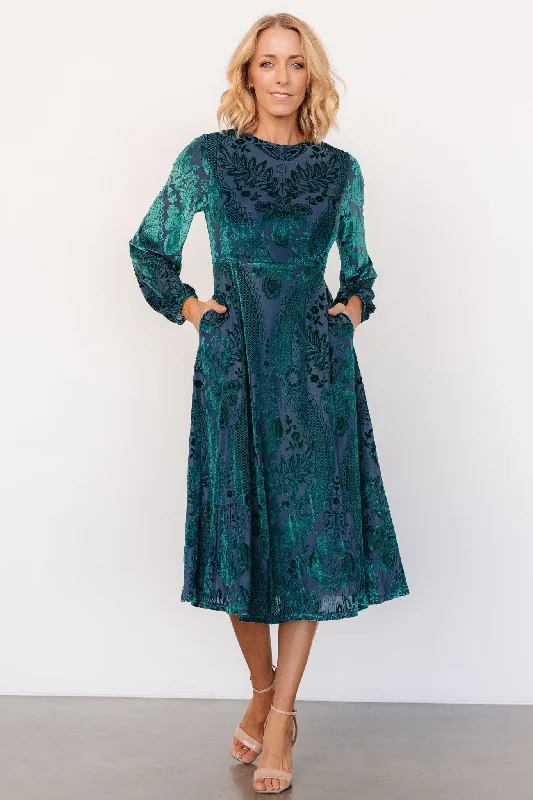 Elegant fitted dresses -Lorielle Velvet Midi Dress | Emerald Print