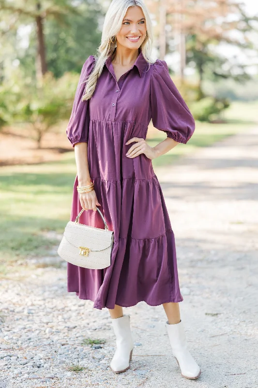 Soft fabric dresses for casual wear -Love Found Plum Purple Tiered Midi Dress