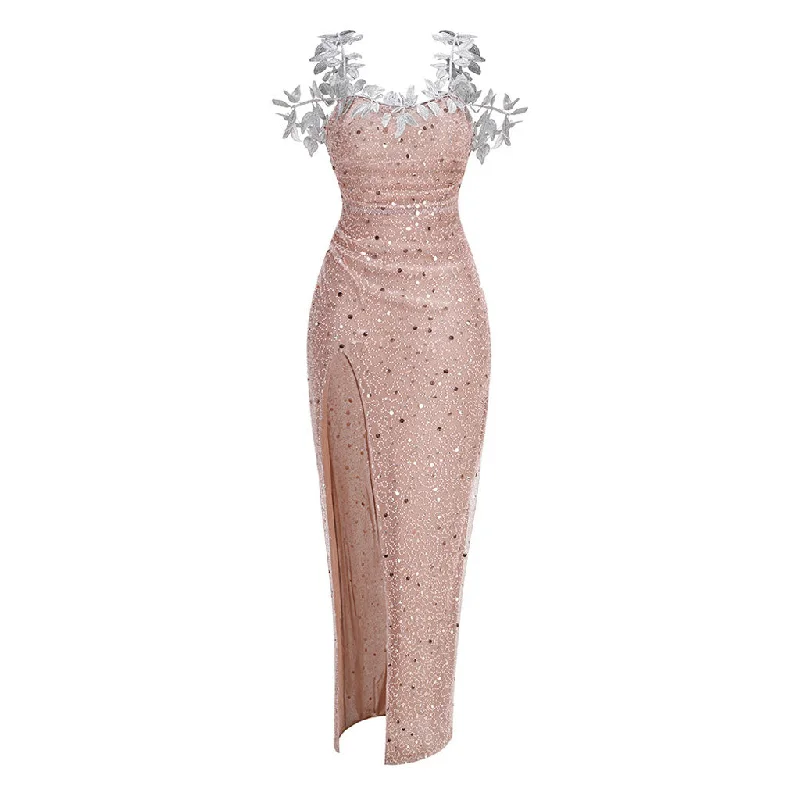 Bridesmaid gowns for weddings -Luxury Beaded Sequin Embroidered Leaf Cold Shoulder Ruched Mesh Maxi Dress