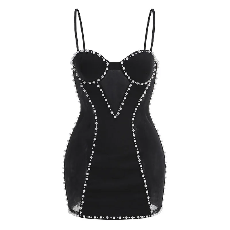 Pleated chiffon dresses -Luxury Bustier Sleeveless Mesh Panel Faux Pearl Embellished Club Mini Dress