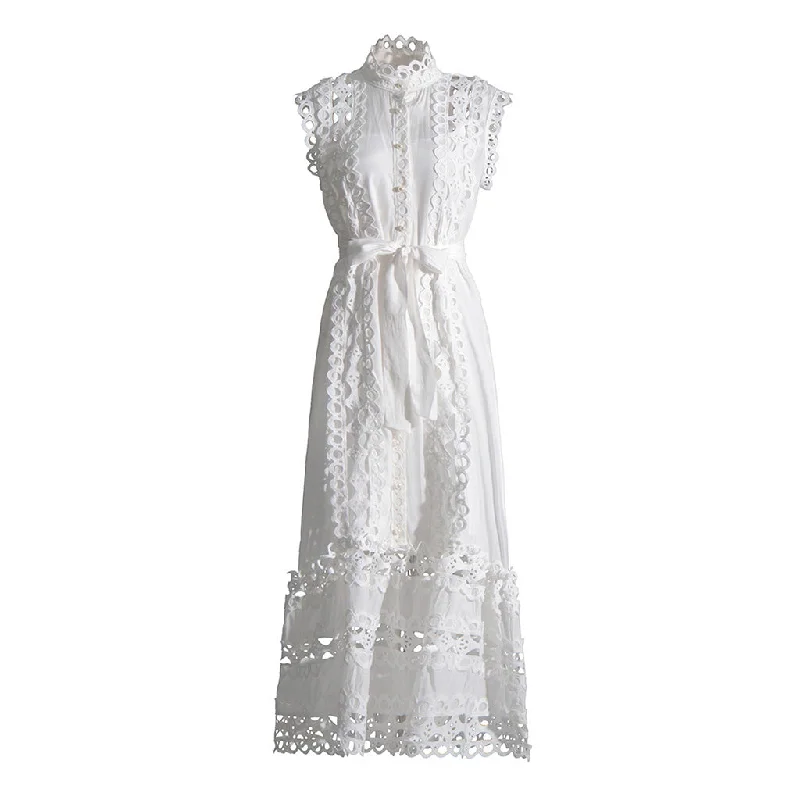 Bohemian style dresses for weddings -Luxury Mock Neck Sleeveless Buttoned Scalloped Guipure Lace Maxi Dress