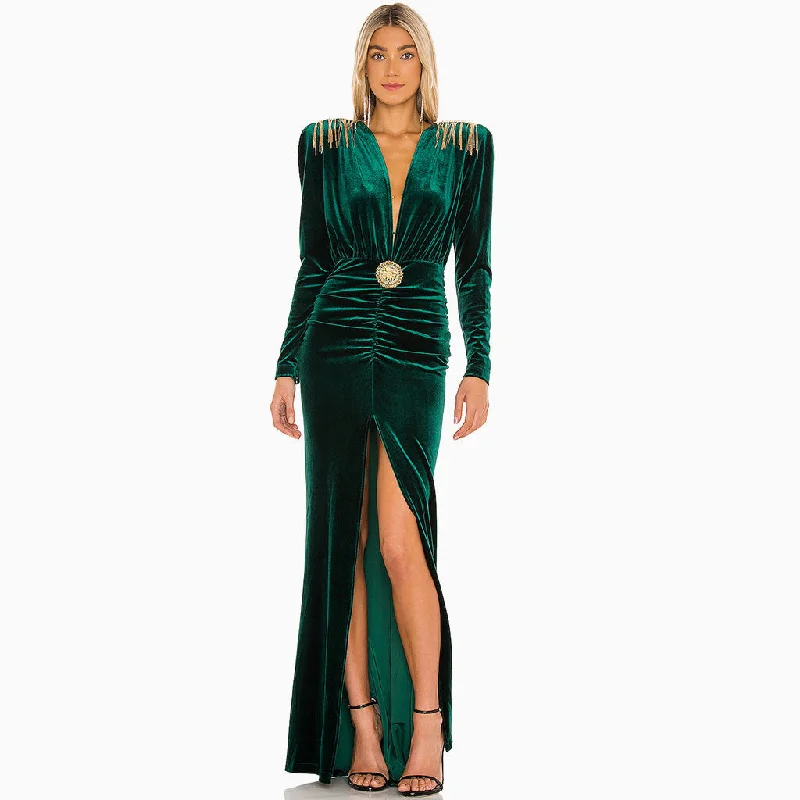 Sweet and simple dresses for women -Luxury Velvet Fringe Deep V High Slit Maxi Evening Dress - Emerald Green