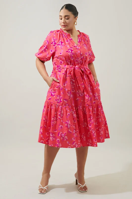 Long dress for elegant outings -Magnolis Rhubarb Wynette Tiered Midi Dress Curve