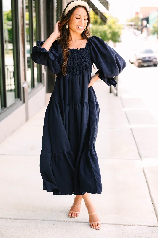 Dresses with long flowing fabric -Make An Entrance Navy Blue Tiered Midi Dress