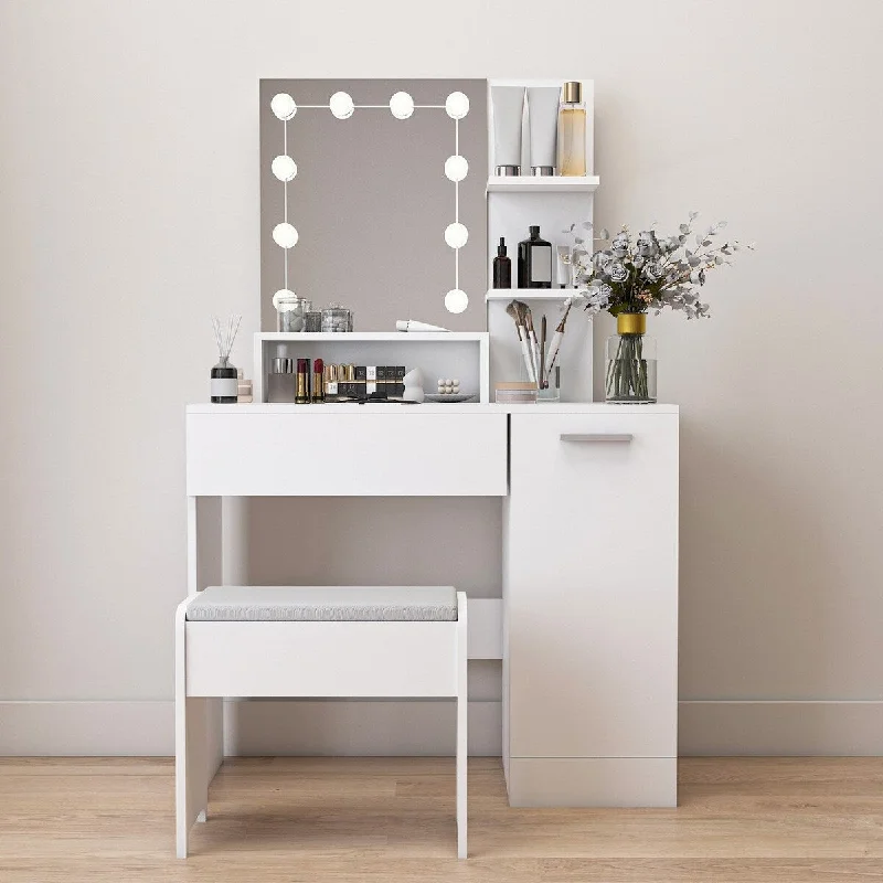 Simple yet chic dresses -Makeup Vanity Table Set with Drawer and Storage Cabinet, Dressing Table with a Vanity Cushioned Stool