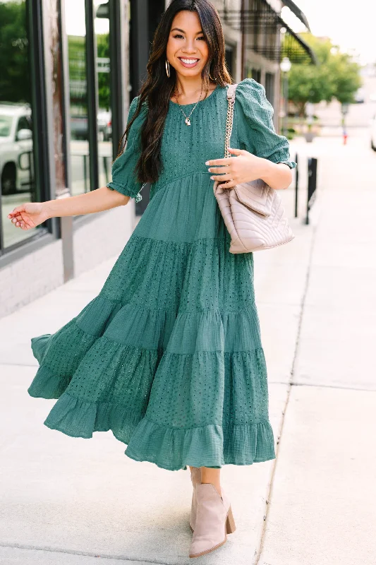 Off-shoulder cocktail party dresses -Making Moves Spruce Green Eyelet Midi Dress