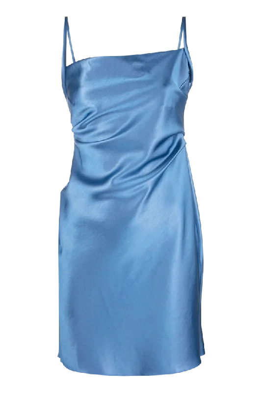 Dresses with chic ruffle designs -Malai Glossy Satin Mini Blue Slip Dress