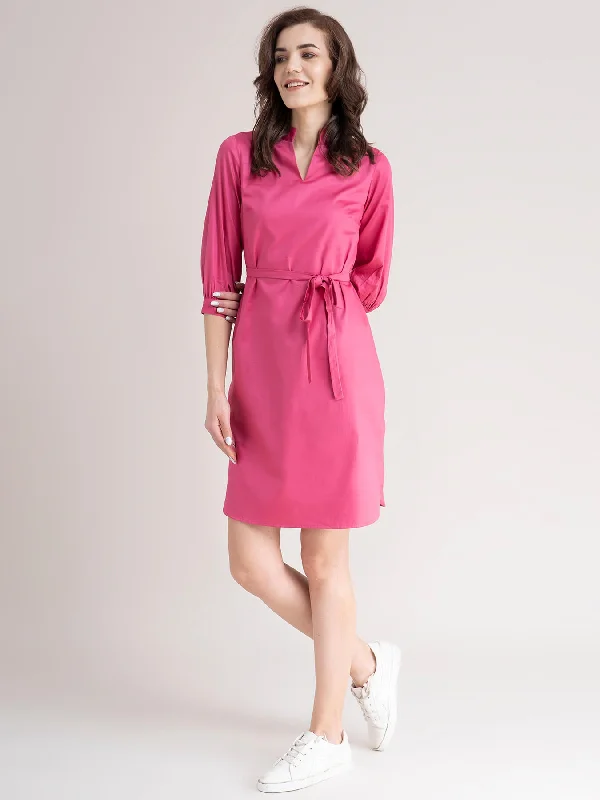 Velvet dresses for women -Cotton V Neck Dress- Pink