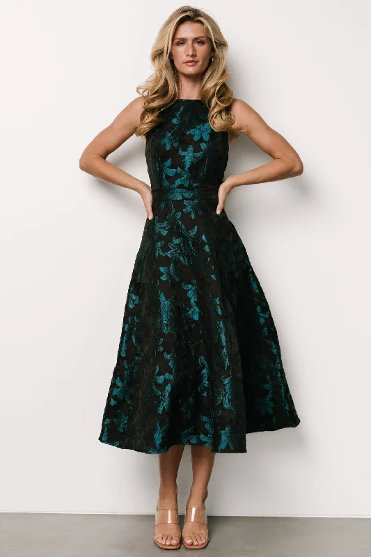 Dresses with asymmetrical details -Maren Embossed Midi Dress | Black + Teal Floral