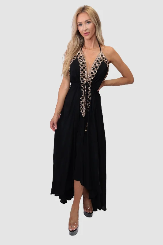 Dresses with pleats for women -Marrakesh Black Maxi Dress