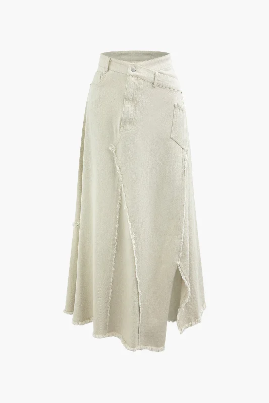 Elegant dresses for weddings -Asymmetric Wrap Frayed Maxi Skirt