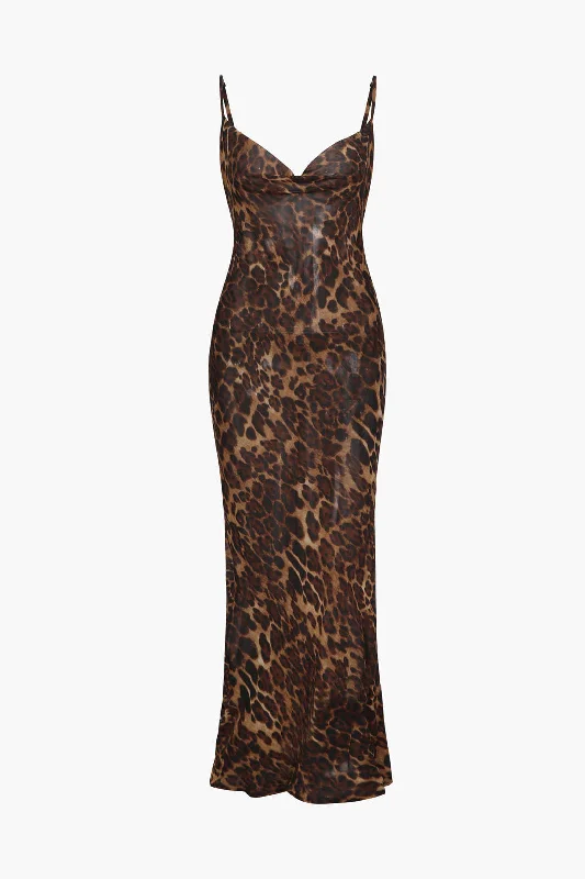 Off-shoulder cocktail party dresses -Leopard Print Draped Maxi Dress