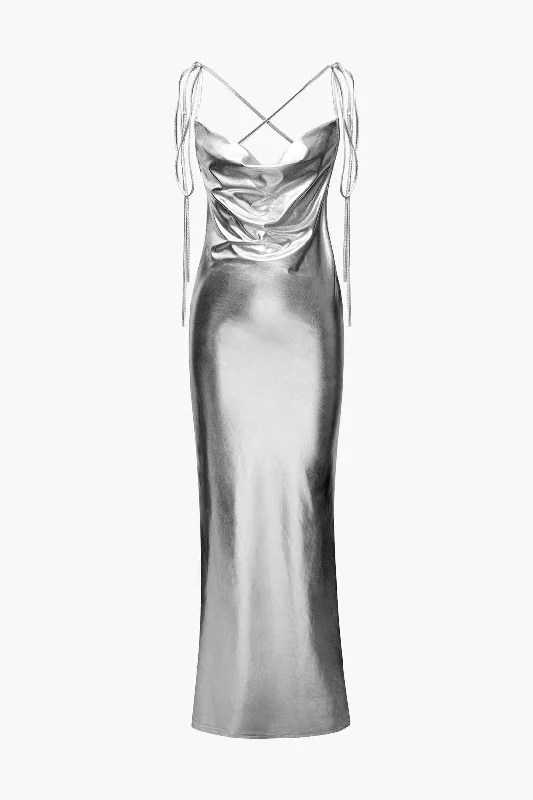 Dresses with ribbon details -Metallic Tie Strap Ruched Maxi Dress