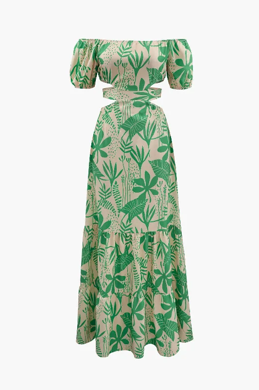 Dresses for garden parties -Floral Print Off The Shoulder Tie Back Maxi Dress