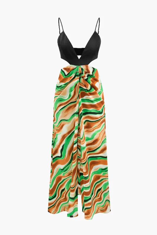 Dresses with deep V-necklines -Printed Satin V-neck Cut Out Maxi Dress