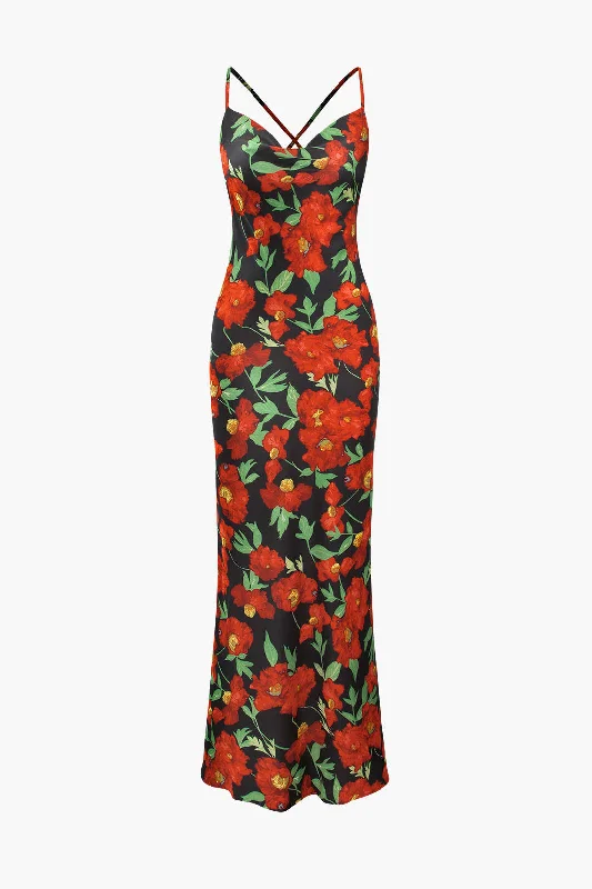 Dresses for dinner with friends -Floral Print Cross Tie Back Maxi Dress