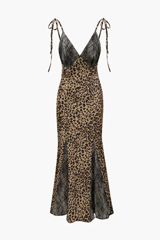 Dresses with ruffle details -Lace Detail Leopard Print Maxi Dress