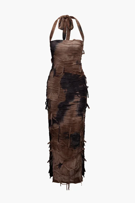 Elegant cocktail gowns -Tie Dye Distressed Mesh Slit Halter Maxi Dress