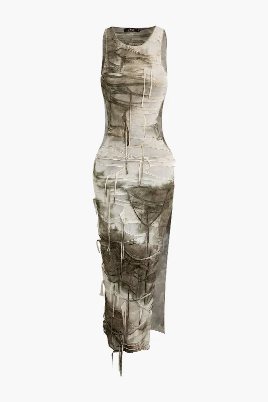 Elegant cocktail party dresses -Tie Dye Distressed Sleeveless Cut Out Slit Maxi Dress