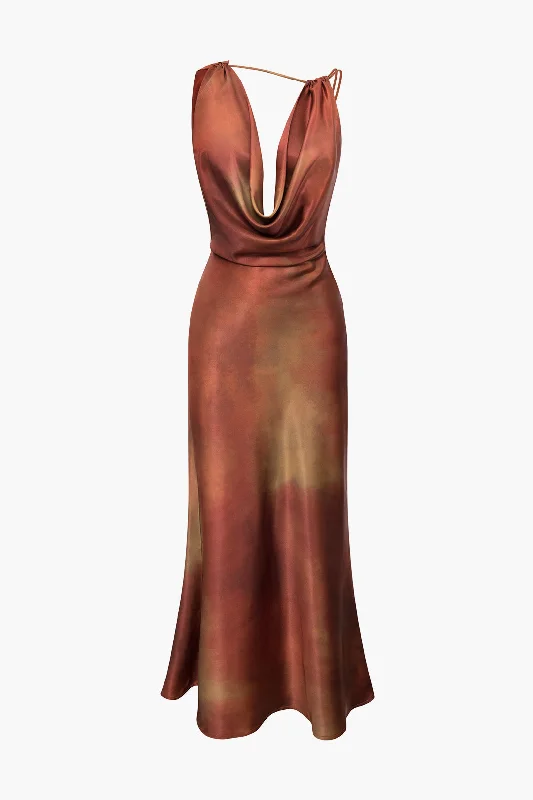 Wedding dresses for elegant venues -Tie Dye Asymmetric Cowl Neck Satin Maxi Dress