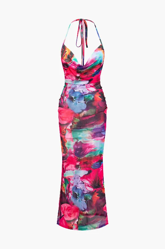 Party dresses with sequins -Printed Cowl Neck Halter Backless Maxi Dress