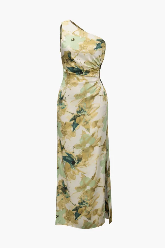 Fitted cocktail dresses -Floral Print One Shoulder Cut Out Slit Maxi Dress