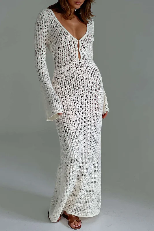 Bohemian evening dresses -V-neck Open Knit Long Sleeve Maxi Dress