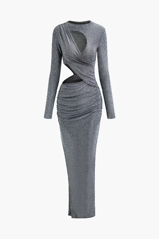 Formal dresses with pockets -Lurex Asymmetric Cut Out Long Sleeve Maxi Dress