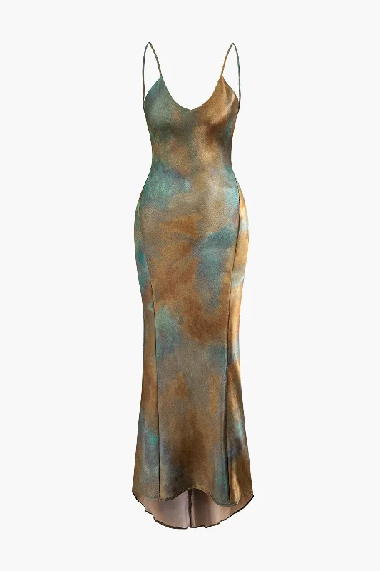 Formal dresses with train -Tie Dye V-neck Satin Maxi Dress