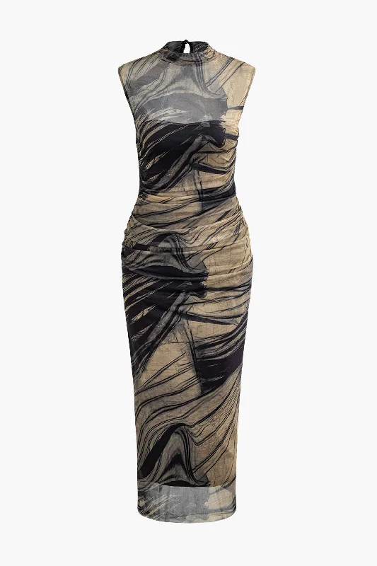 Floral midi dresses -Abstract Print Mock Neck Mesh Ruched Sleeveless Maxi Dress