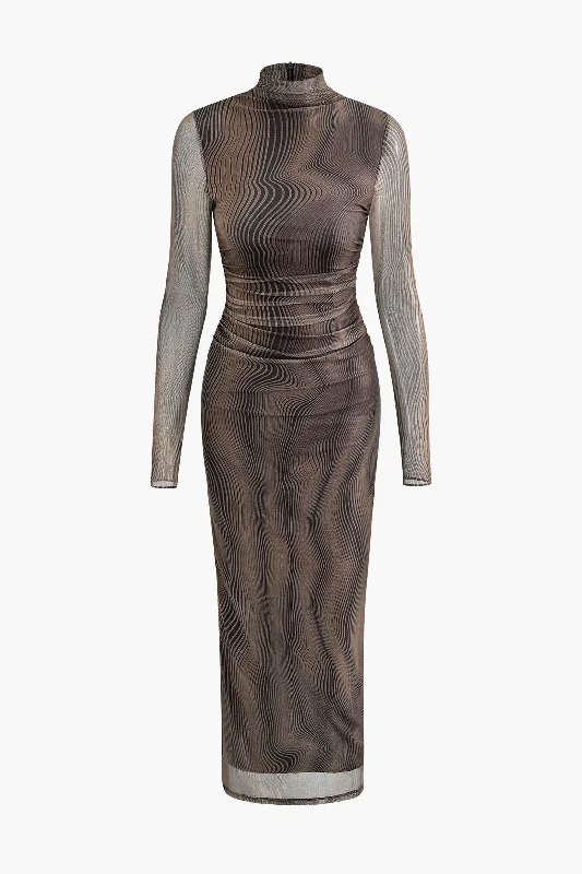 Work dresses for office wear -Wave Mock Neck Mesh Long Sleeve Maxi Dress