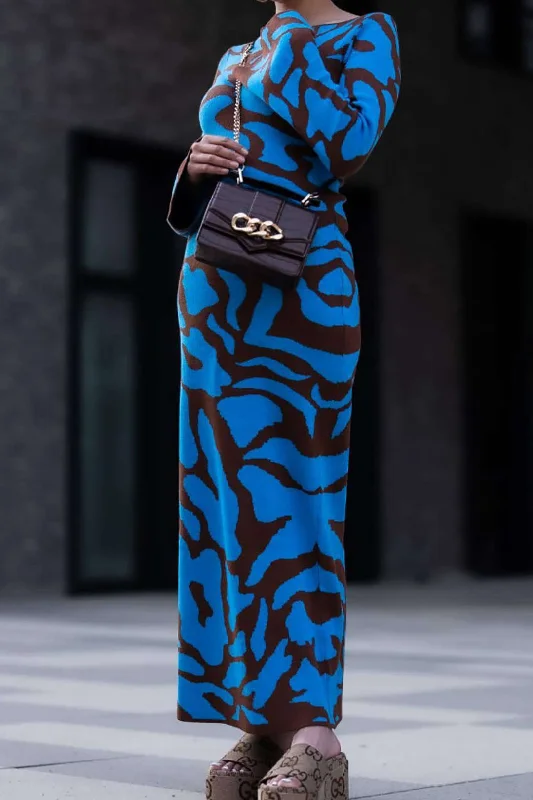 Boho style maxi dresses -Contrast Pattern Round Neck Knit Maxi Dress