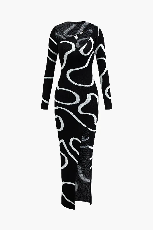 Chic bodycon dresses -Line Pattern Cut Out Slit Knit Maxi Dress