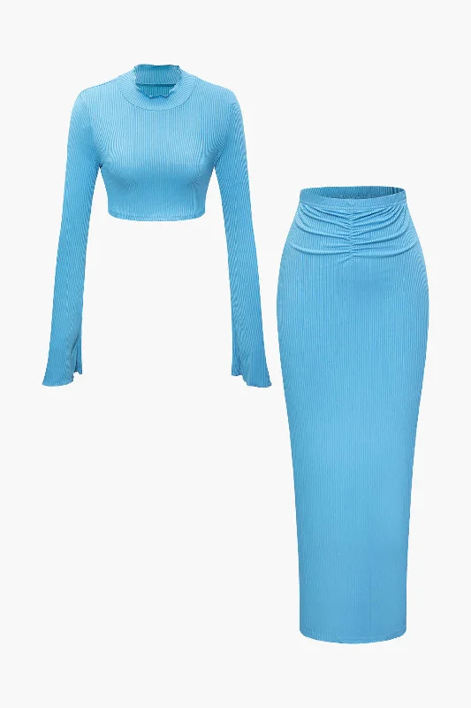 Holiday dresses for women -Rib Knit Mock Neck Long Sleeve Crop Top And Maxi Skirt Set