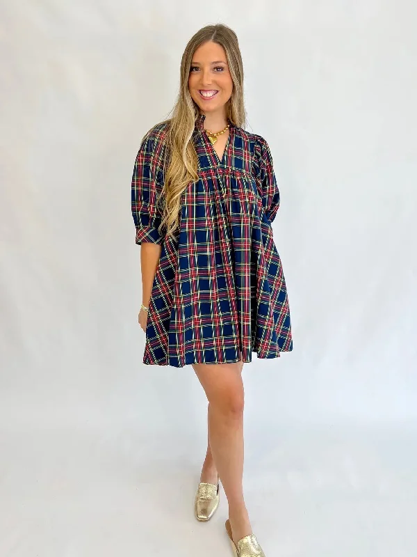 Off-shoulder dresses -[Entro] Merry Everything Plaid Dress-Navy