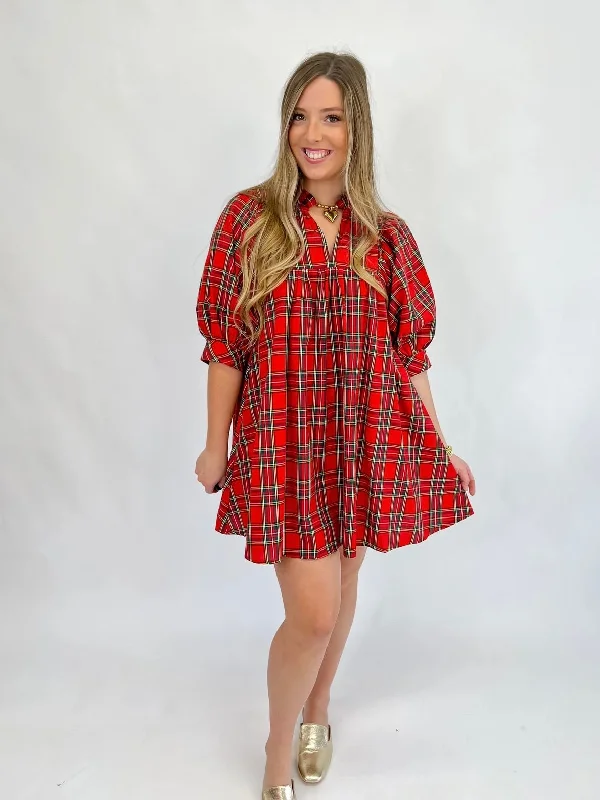 Dresses with a vintage vibe -[Entro] Merry Everything Plaid Dress-Red