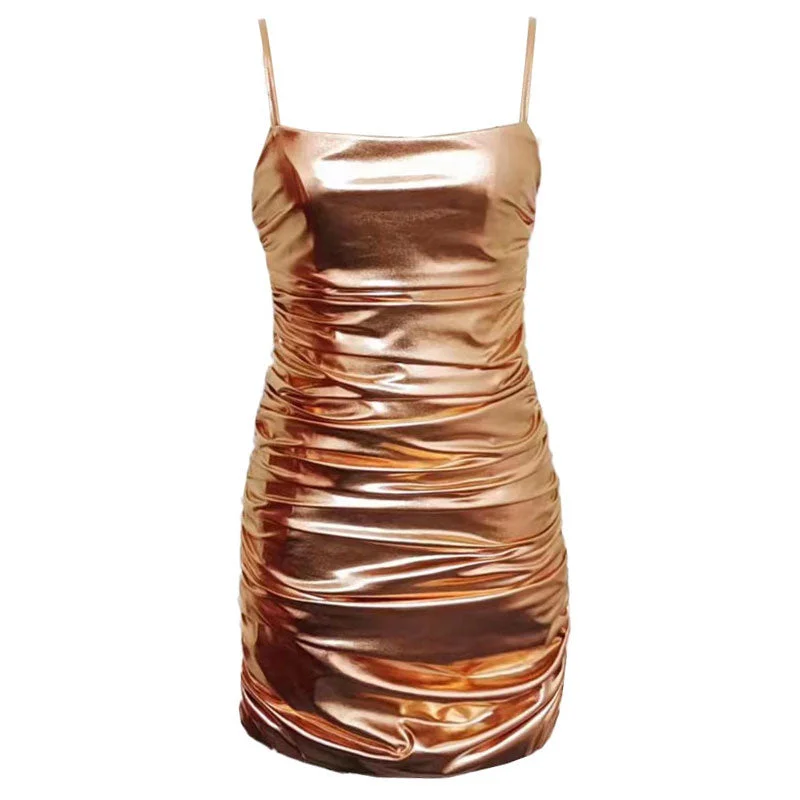 Casual chic dresses -Metallic Spaghetti Strap Ruched Bodycon Club Mini Dress - Gold