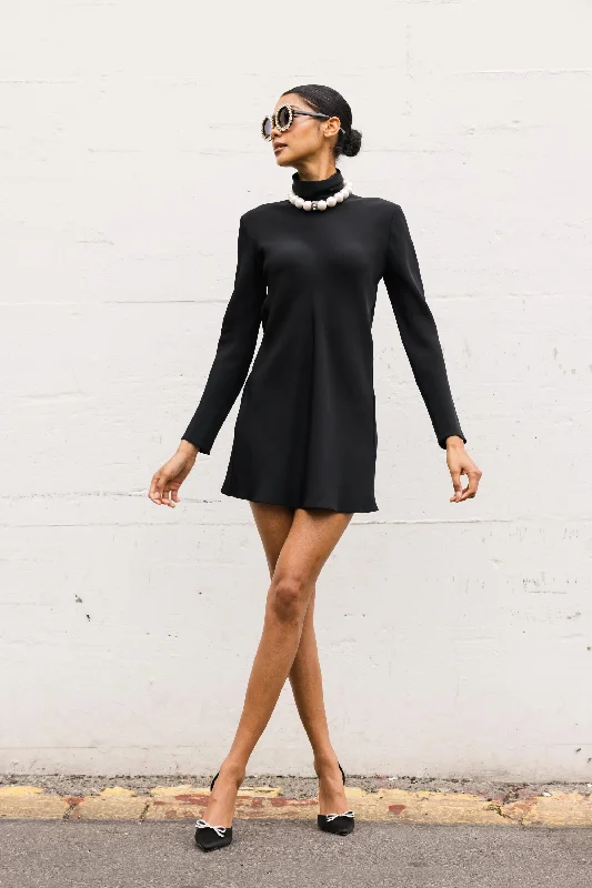 Party dresses with sequins -Silk Mini Turtleneck Dress in Black