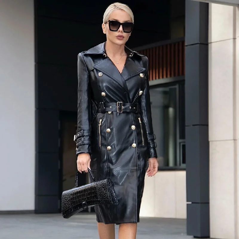 Chic bodycon dresses -Military Metal Button Detail Peak Lapel Long Sleeve Belted Midi Vegan Leather Coat