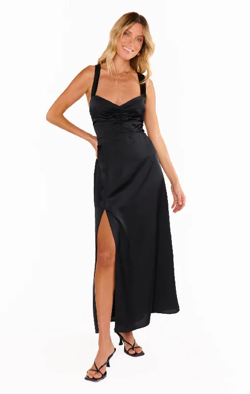 Maxi dresses for night events -Mina Midi Dress ~ Black Luxe Satin